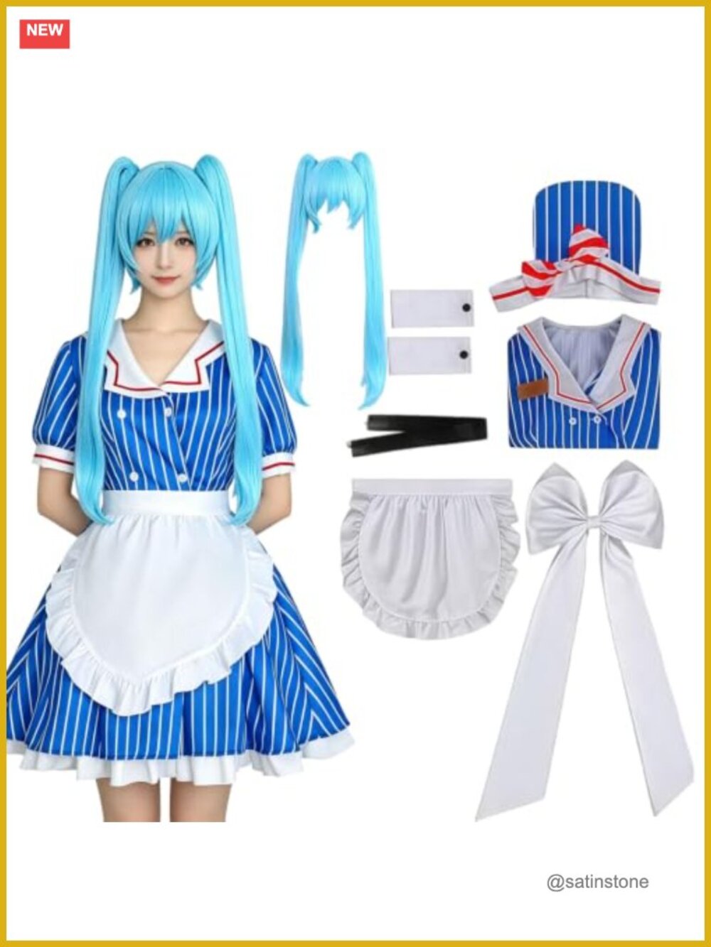 Complete Halloween Costume Set Striped Dress Apron Hat Wristband Cosplay
